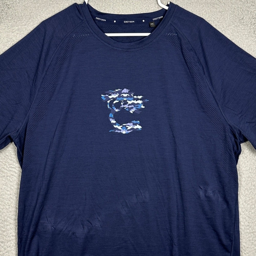 Greyson T-Shirt Mens 2XL Performance Navy Blue Camo Wolf Logo Short Sleeve Tee